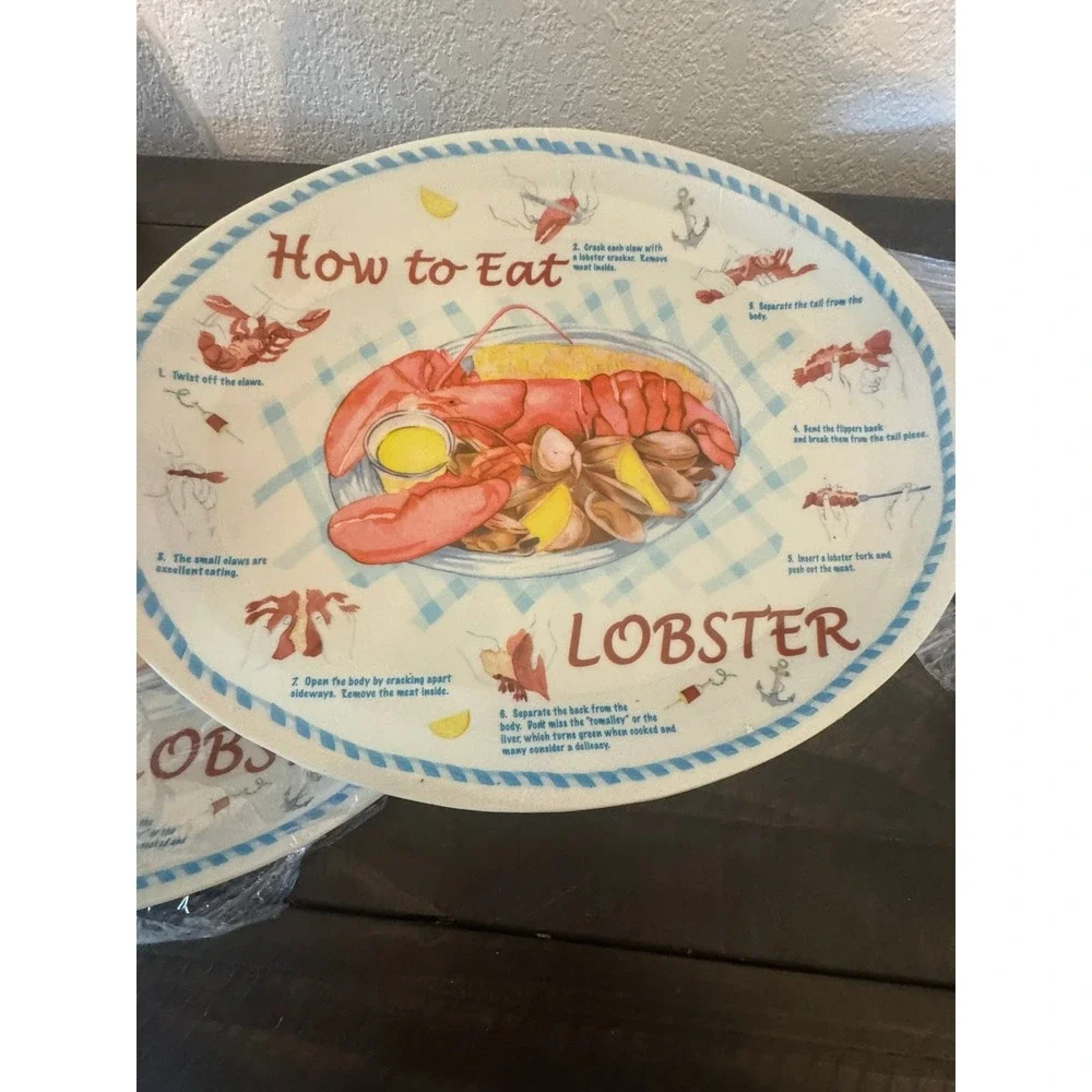 New Set of 4 How to Eat Lobster Plates Oval Seafood Boil Nautical White